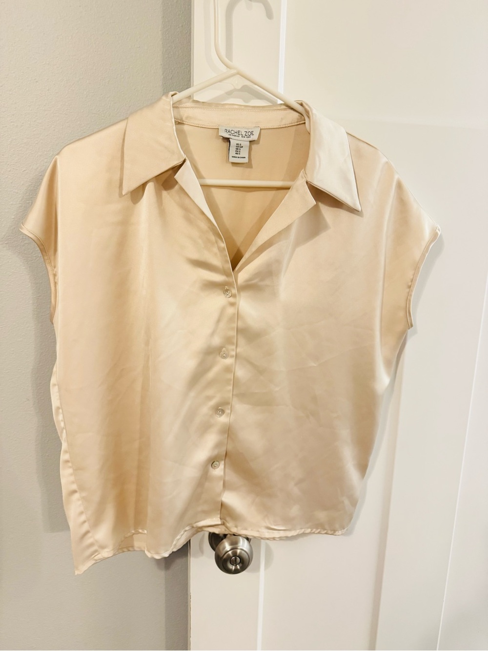 Rachel Zoe Pale Cream Satin Short Sleeve Button-Up Blouse